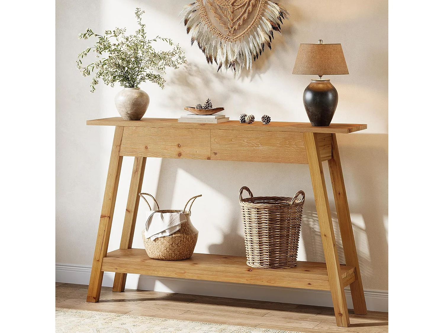 Console en bois massif de 110 cm, table d'entrée avec 2 tiroirs et 2 niveaux.