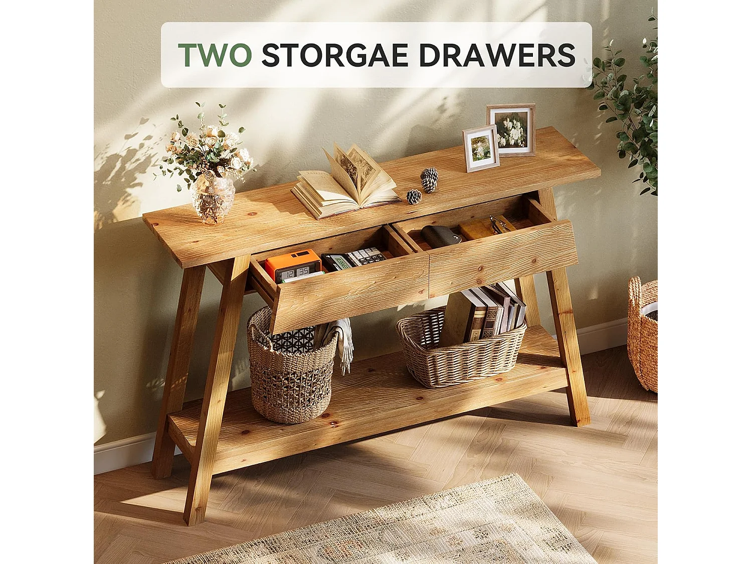 Console en bois massif de 110 cm, table d'entrée avec 2 tiroirs et 2 niveaux.