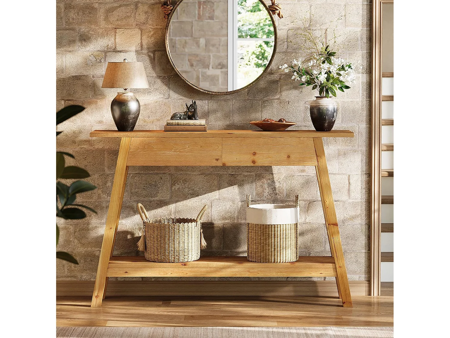 Console en bois massif de 110 cm, table d'entrée avec 2 tiroirs et 2 niveaux.