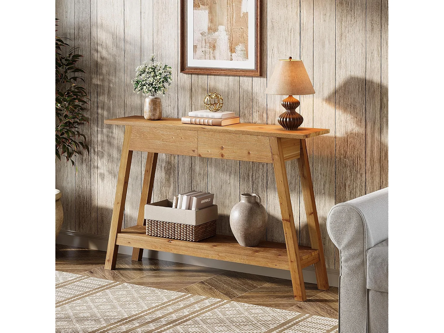 Console en bois massif de 110 cm, table d'entrée avec 2 tiroirs et 2 niveaux.