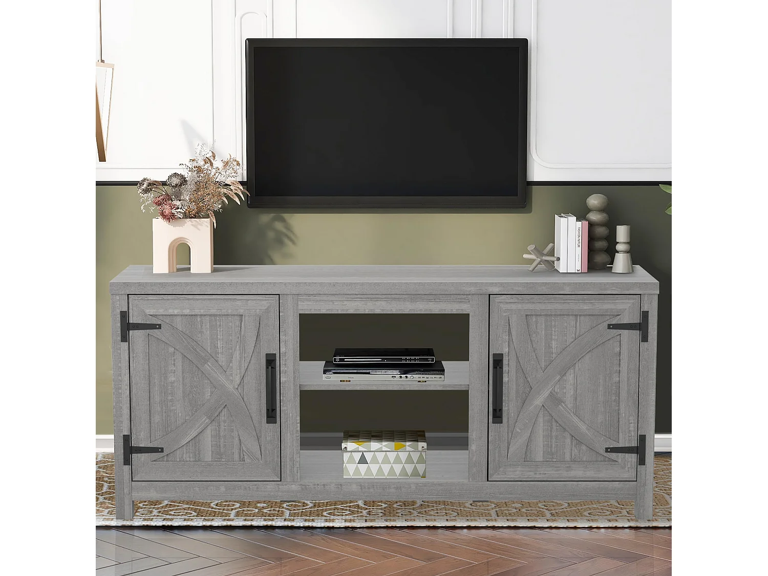 Parrot Uncle TV-Schrank für Fernseher bis 65 Zoll, MDF, Grauer , mit 2 offenen Fächern und 2 Tür, 147 x 41 x 62 cm, 54 kg Tragkraft