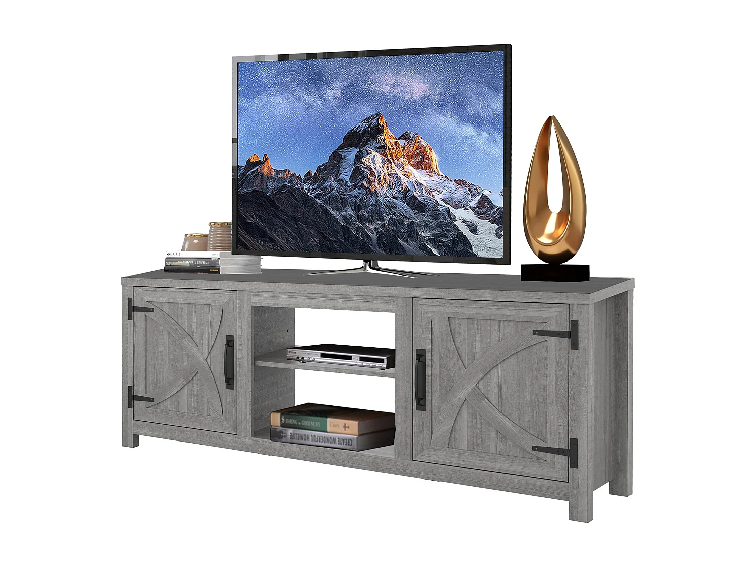 Parrot Uncle TV-Schrank für Fernseher bis 65 Zoll, MDF, Grauer , mit 2 offenen Fächern und 2 Tür, 147 x 41 x 62 cm, 54 kg Tragkraft