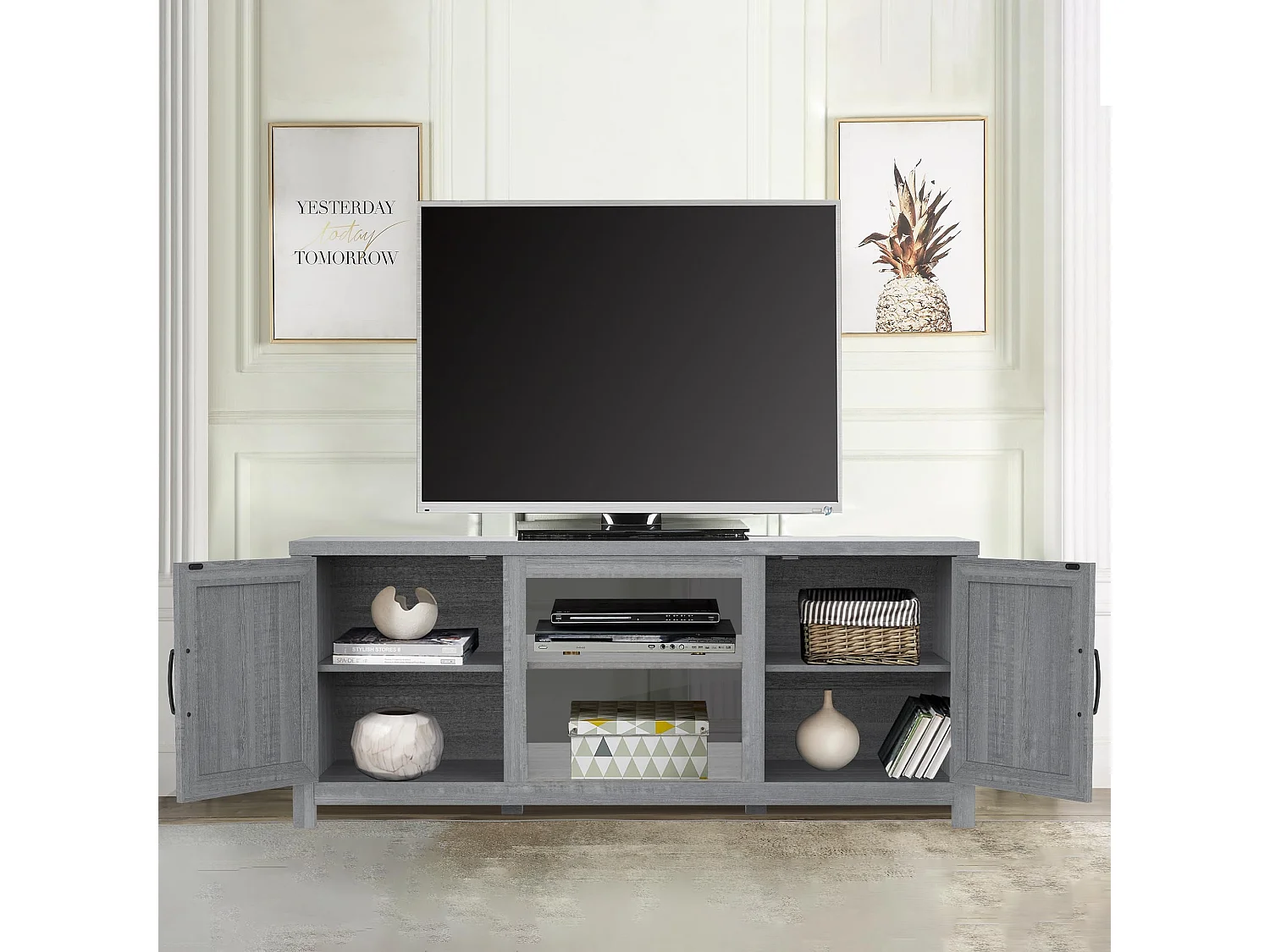 Parrot Uncle TV-Schrank für Fernseher bis 65 Zoll, MDF, Grauer , mit 2 offenen Fächern und 2 Tür, 147 x 41 x 62 cm, 54 kg Tragkraft