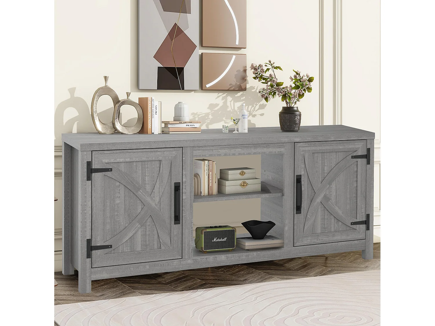 Parrot Uncle TV-Schrank für Fernseher bis 65 Zoll, MDF, Grauer , mit 2 offenen Fächern und 2 Tür, 147 x 41 x 62 cm, 54 kg Tragkraft