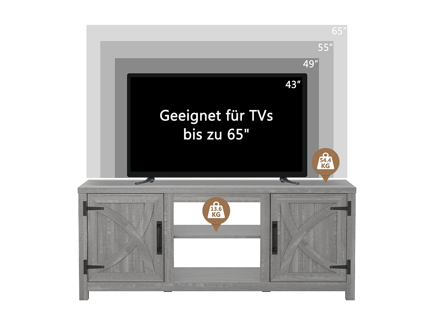 Parrot Uncle TV-Schrank für Fernseher bis 65 Zoll, MDF, Grauer , mit 2 offenen Fächern und 2 Tür, 147 x 41 x 62 cm, 54 kg Tragkraft