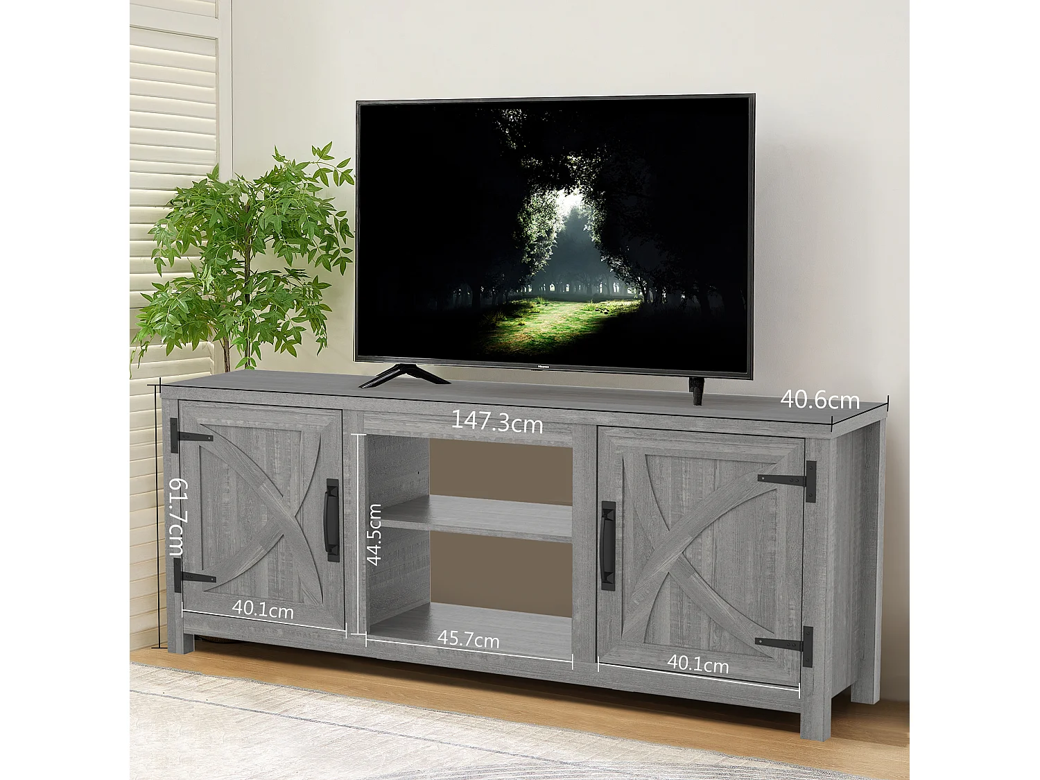 Parrot Uncle TV-Schrank für Fernseher bis 65 Zoll, MDF, Grauer , mit 2 offenen Fächern und 2 Tür, 147 x 41 x 62 cm, 54 kg Tragkraft