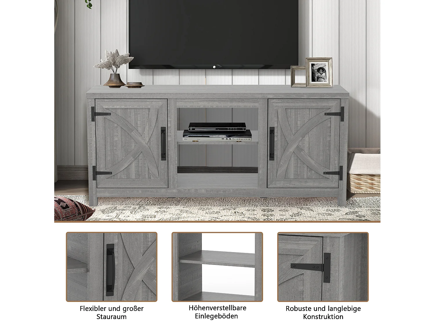 Parrot Uncle TV-Schrank für Fernseher bis 65 Zoll, MDF, Grauer , mit 2 offenen Fächern und 2 Tür, 147 x 41 x 62 cm, 54 kg Tragkraft