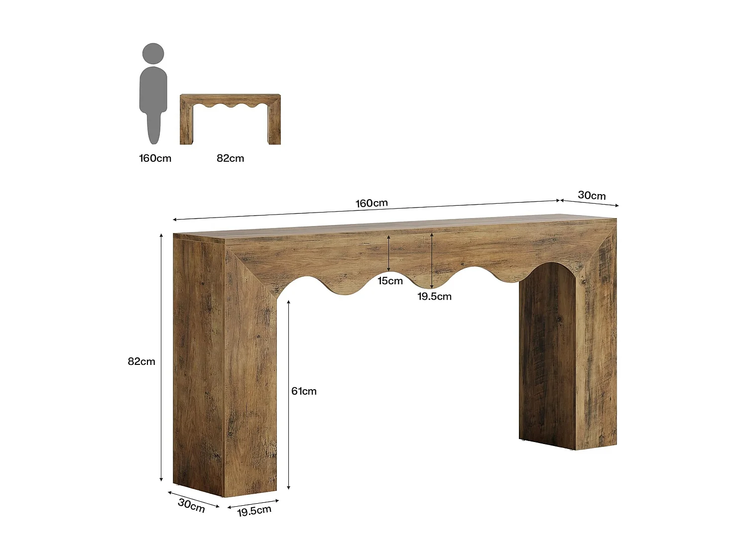Console de 160 cm pour entrée étroite, table d'appoint avec design ondulé, table de canapé à placer derrière un canapé dans l'entrée.