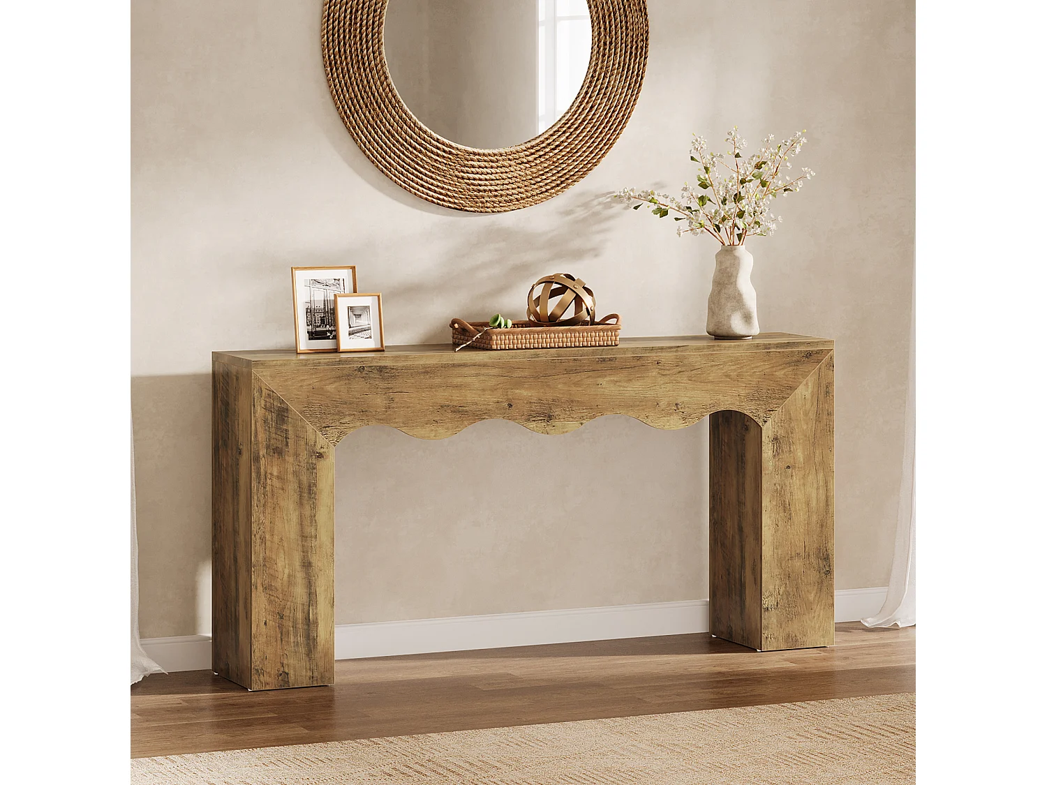 Console de 160 cm pour entrée étroite, table d'appoint avec design ondulé, table de canapé à placer derrière un canapé dans l'entrée.