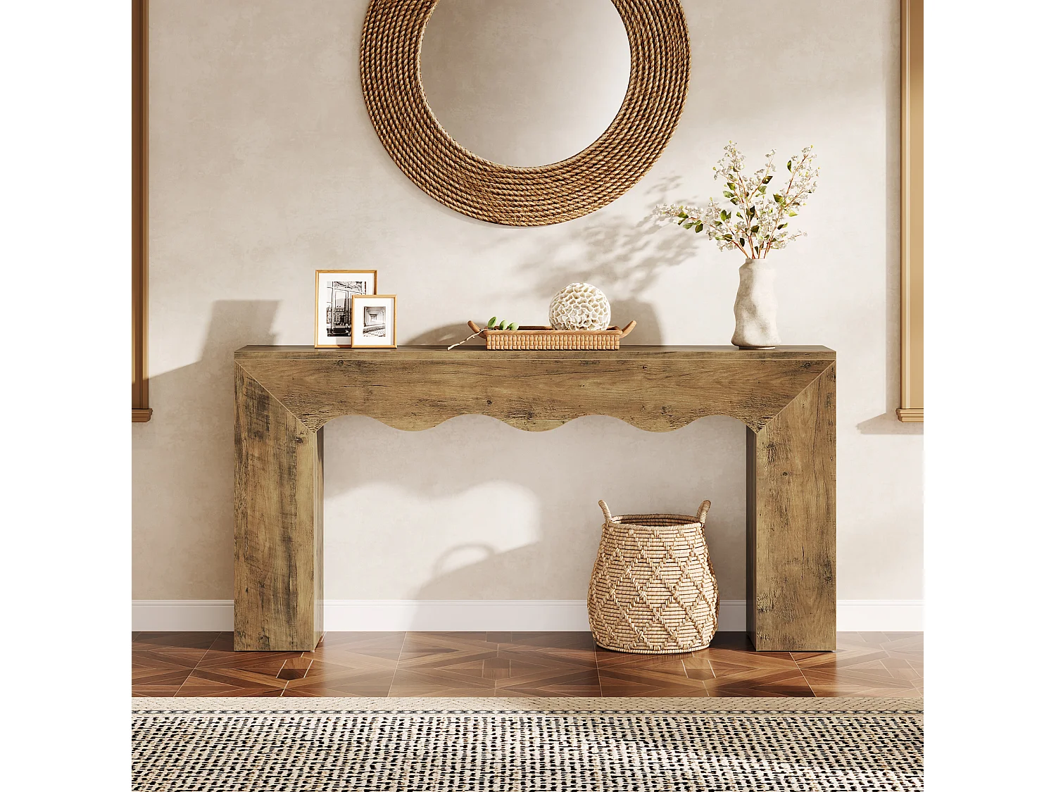 Console de 160 cm pour entrée étroite, table d'appoint avec design ondulé, table de canapé à placer derrière un canapé dans l'entrée.
