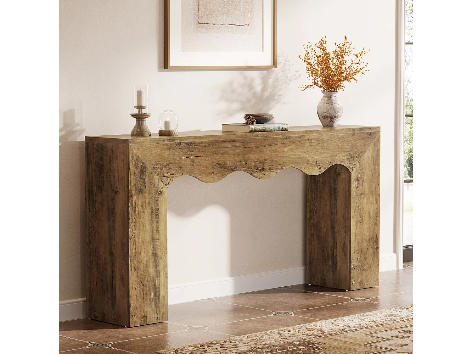 Console de 160 cm pour entrée étroite, table d'appoint avec design ondulé, table de canapé à placer derrière un canapé dans l'entrée.