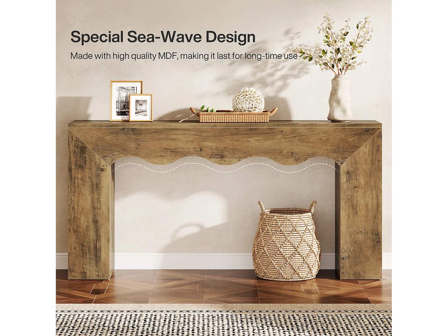 Console de 160 cm pour entrée étroite, table d'appoint avec design ondulé, table de canapé à placer derrière un canapé dans l'entrée.