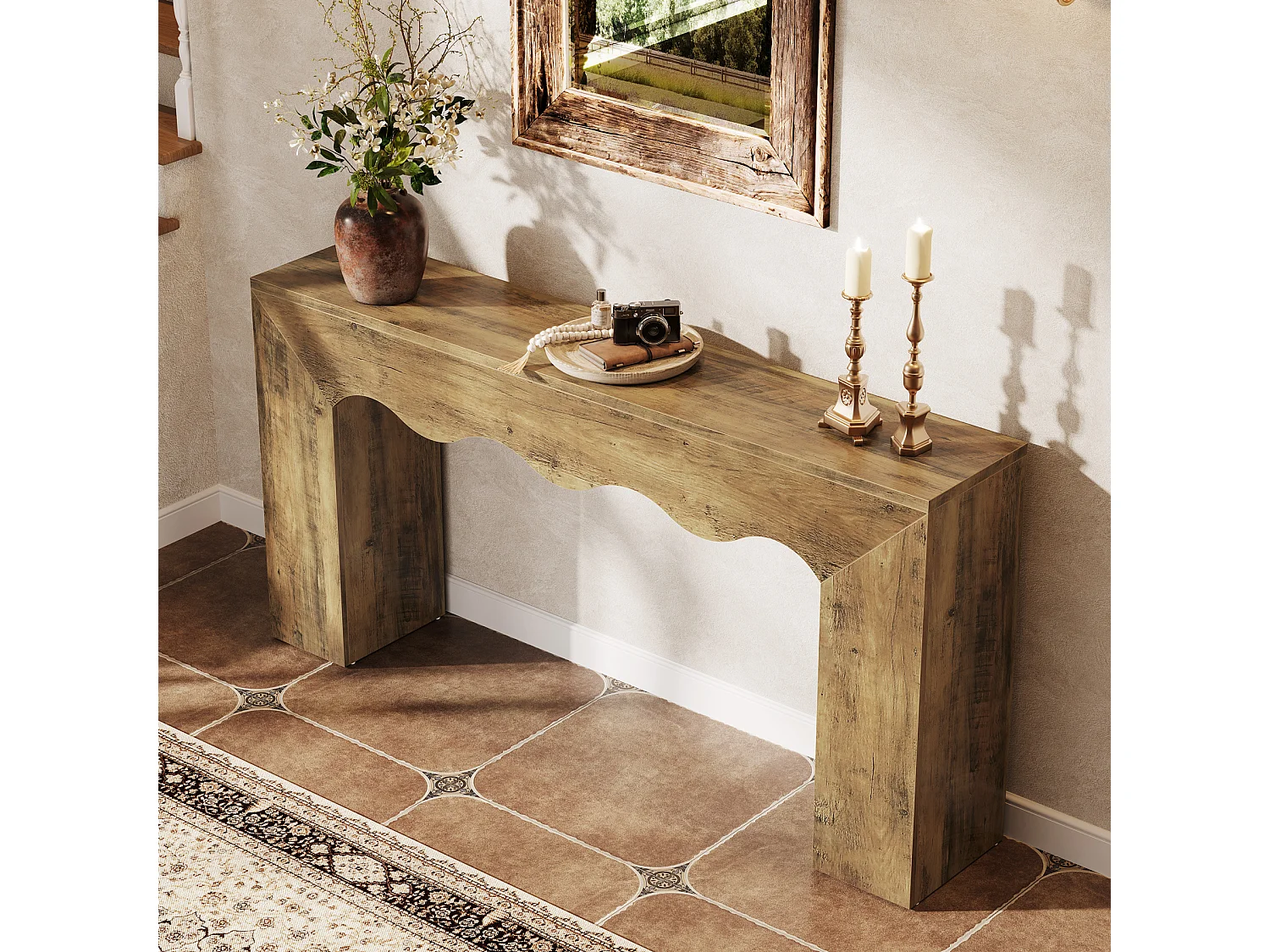 Console de 160 cm pour entrée étroite, table d'appoint avec design ondulé, table de canapé à placer derrière un canapé dans l'entrée.