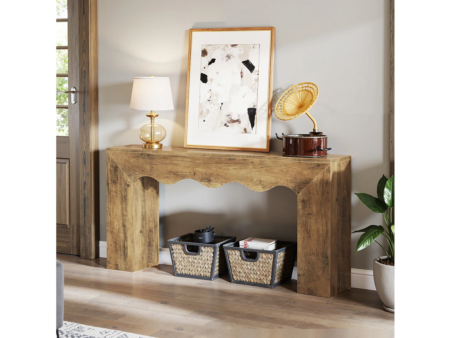 Console de 160 cm pour entrée étroite, table d'appoint avec design ondulé, table de canapé à placer derrière un canapé dans l'entrée.