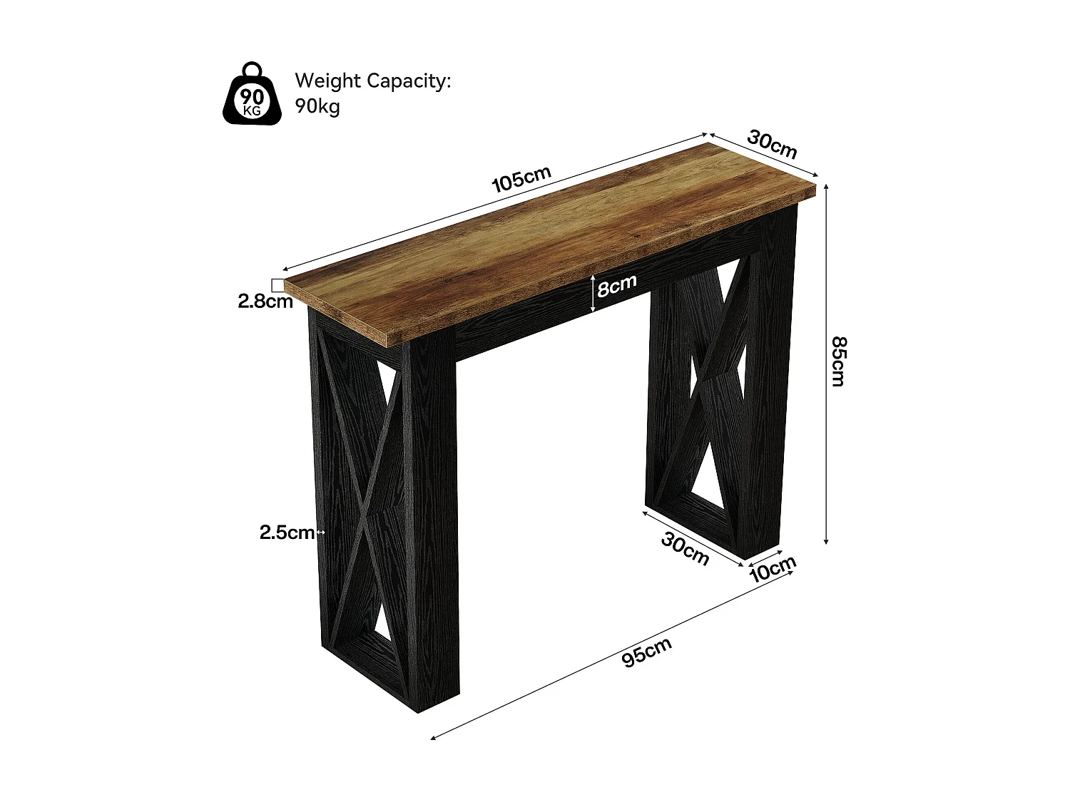 105 cm Konsole, schmale Landhaus-Sofatabelle hinter der Couch, Akzenttabelle mit X-förmigen Beinen