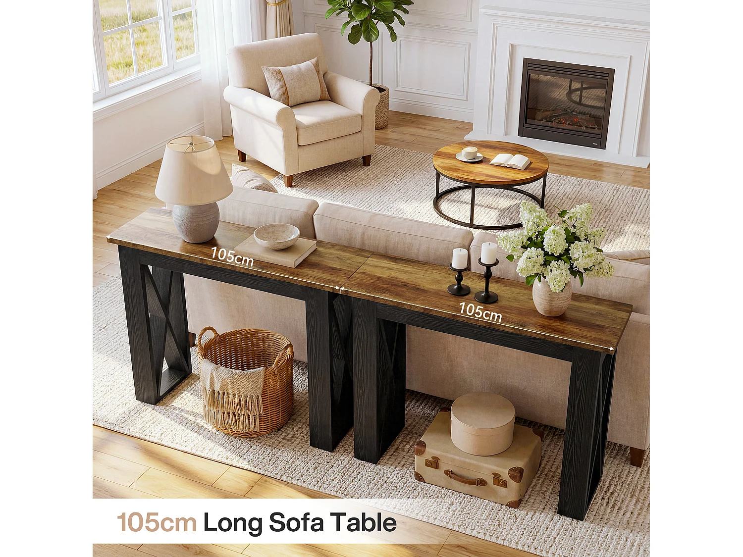 105 cm Konsole, schmale Landhaus-Sofatabelle hinter der Couch, Akzenttabelle mit X-förmigen Beinen