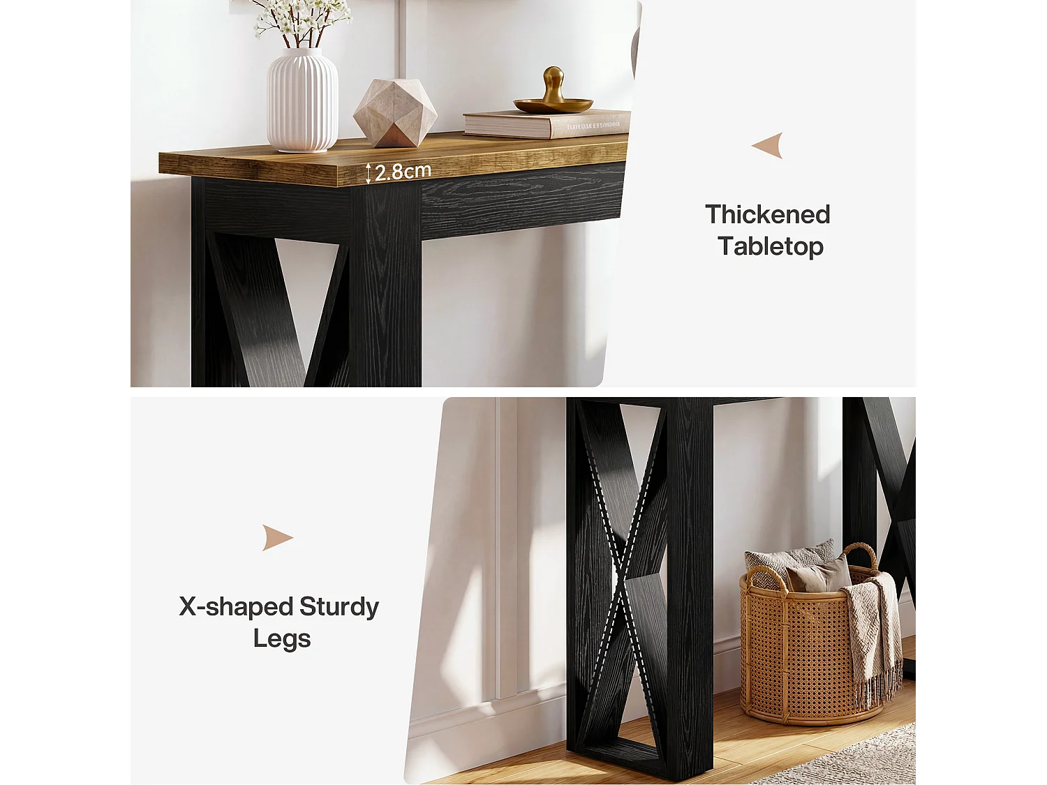 105 cm Konsole, schmale Landhaus-Sofatabelle hinter der Couch, Akzenttabelle mit X-förmigen Beinen
