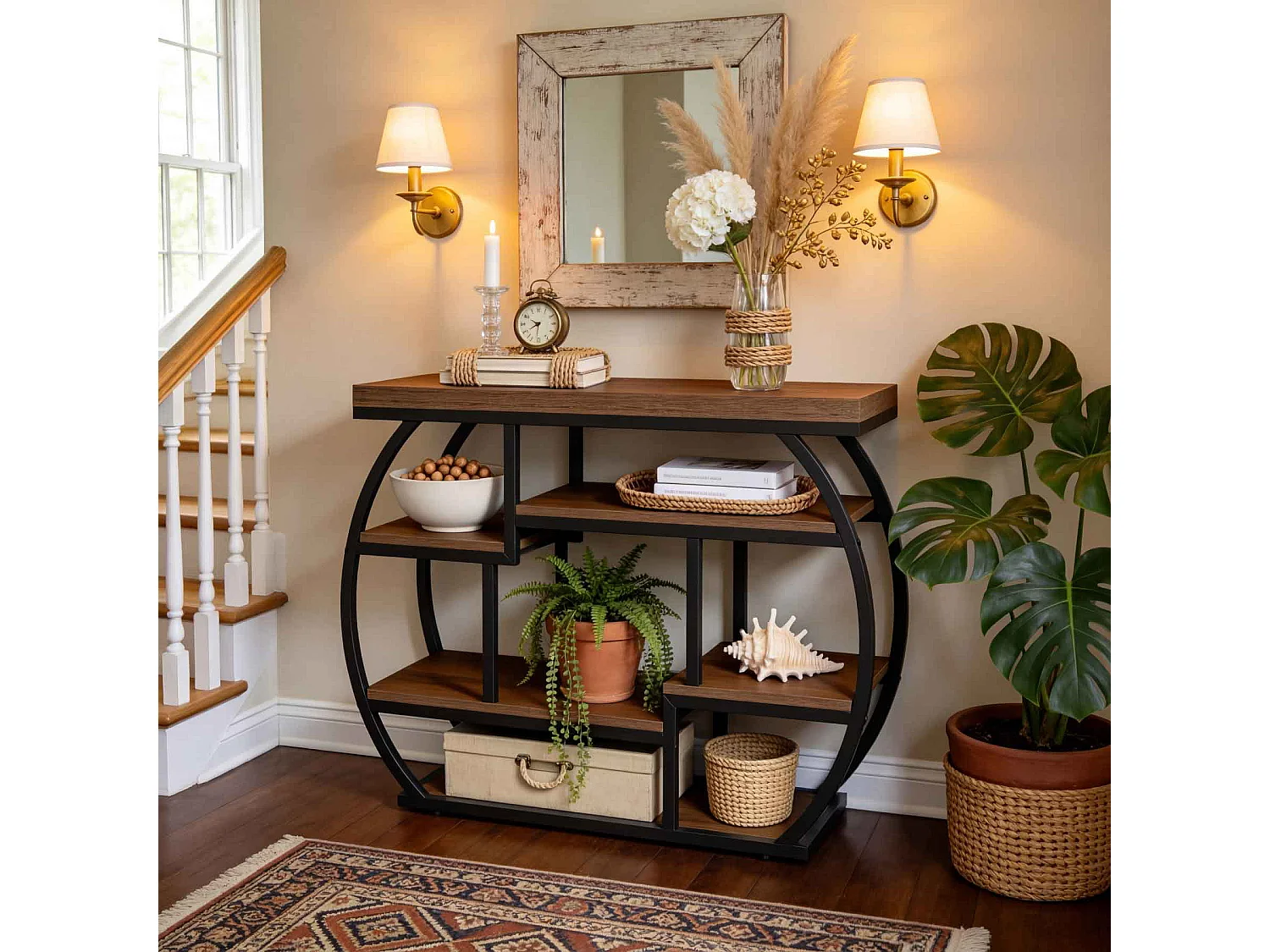 Console de 100 cm, table d'entrée de style industriel avec étagères de rangement, petite table d'appoint étroite avec structure en métal