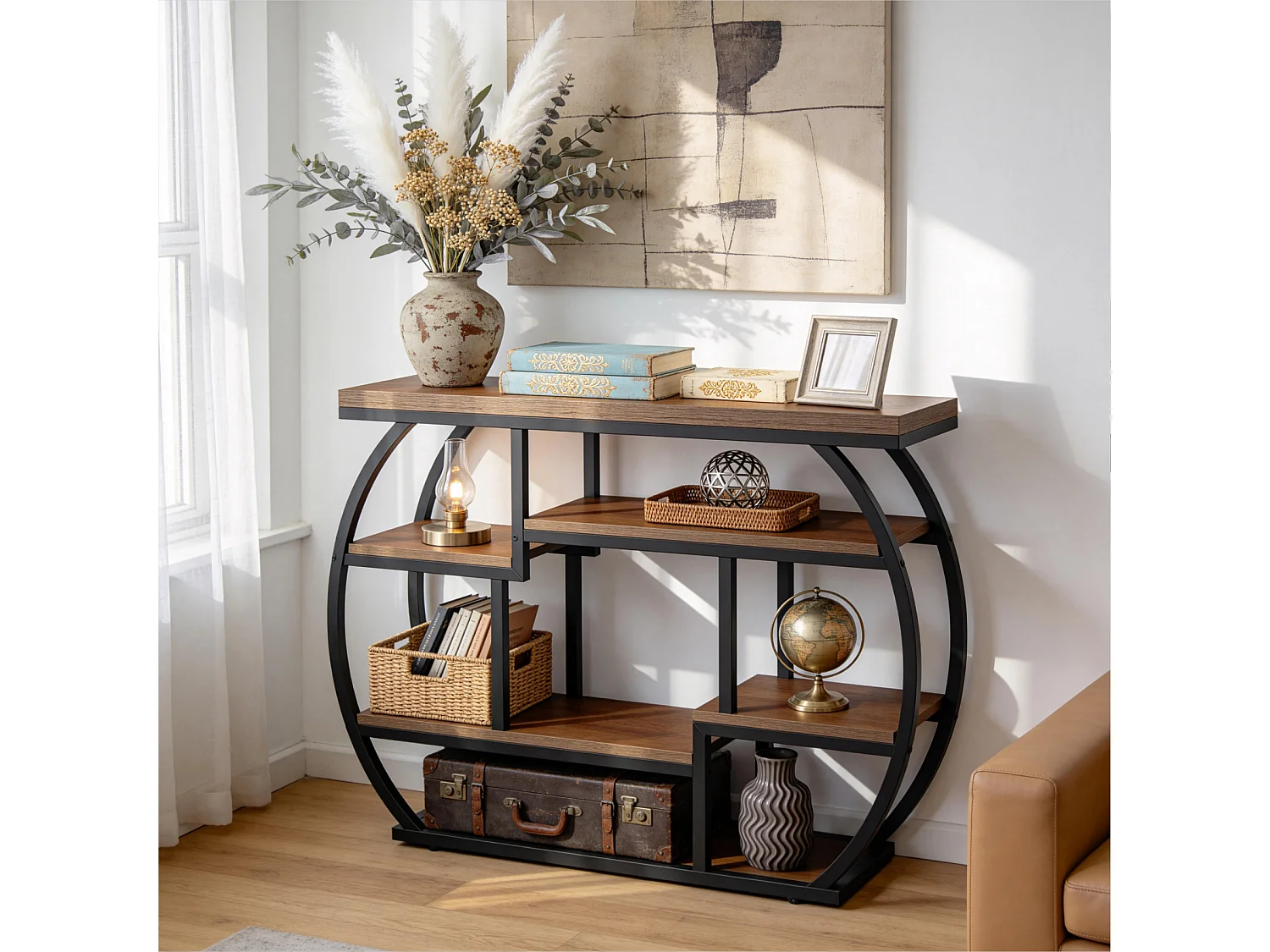 Console de 100 cm, table d'entrée de style industriel avec étagères de rangement, petite table d'appoint étroite avec structure en métal