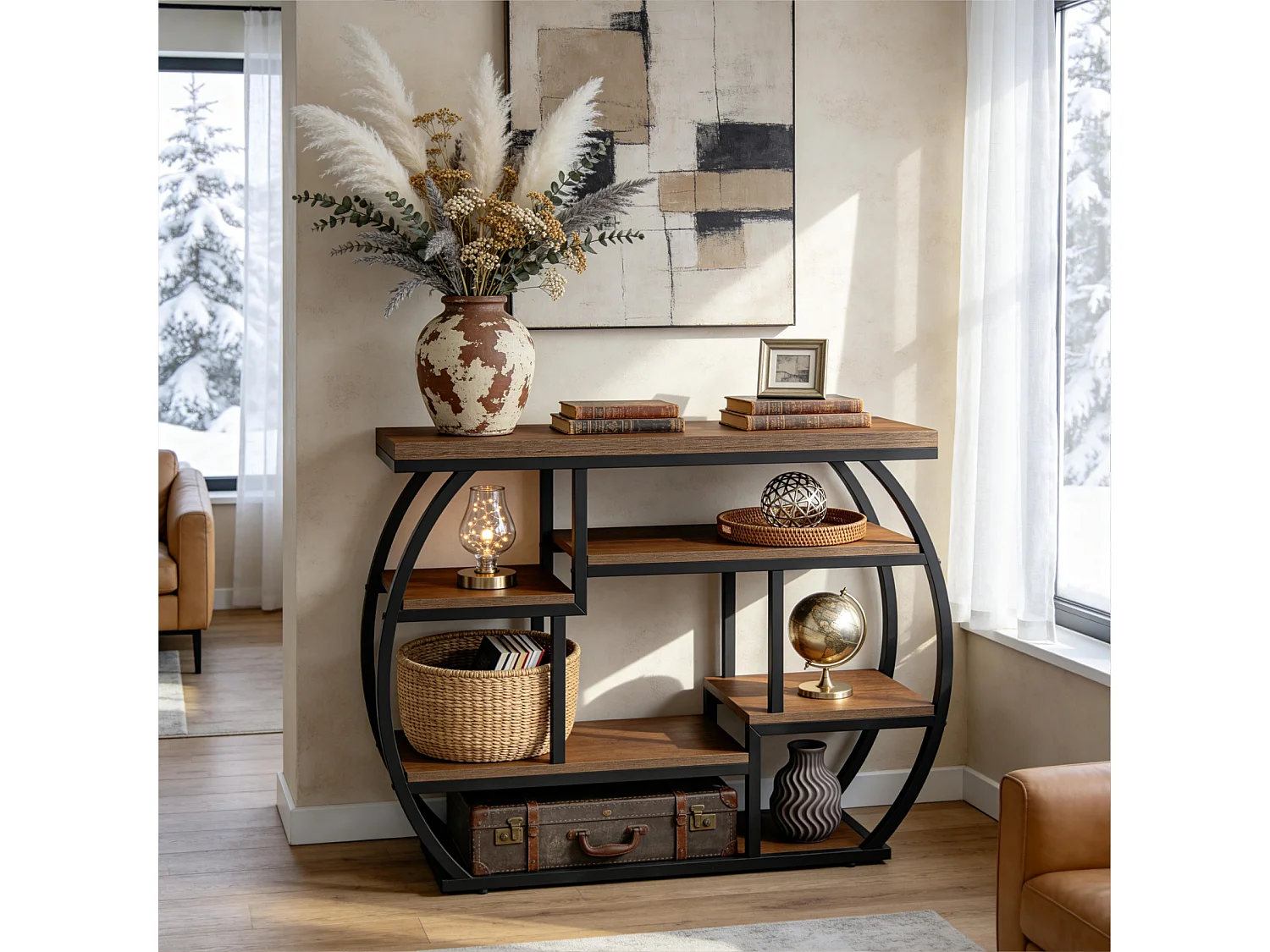 Console de 100 cm, table d'entrée de style industriel avec étagères de rangement, petite table d'appoint étroite avec structure en métal