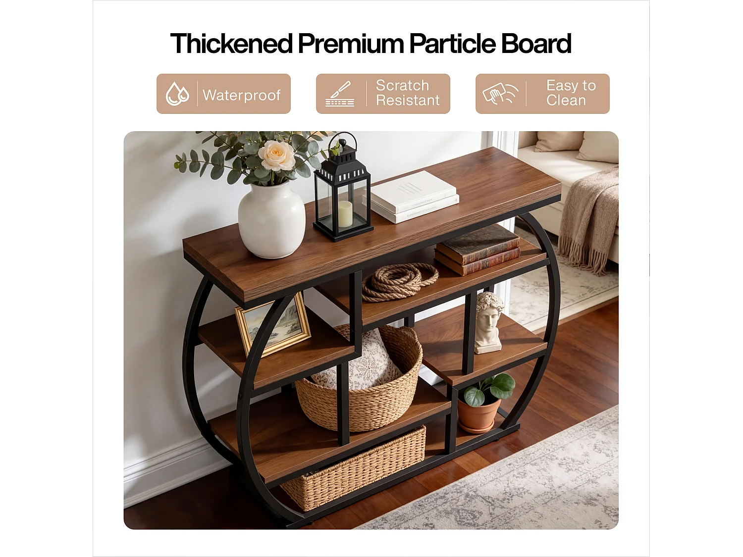Console de 100 cm, table d'entrée de style industriel avec étagères de rangement, petite table d'appoint étroite avec structure en métal