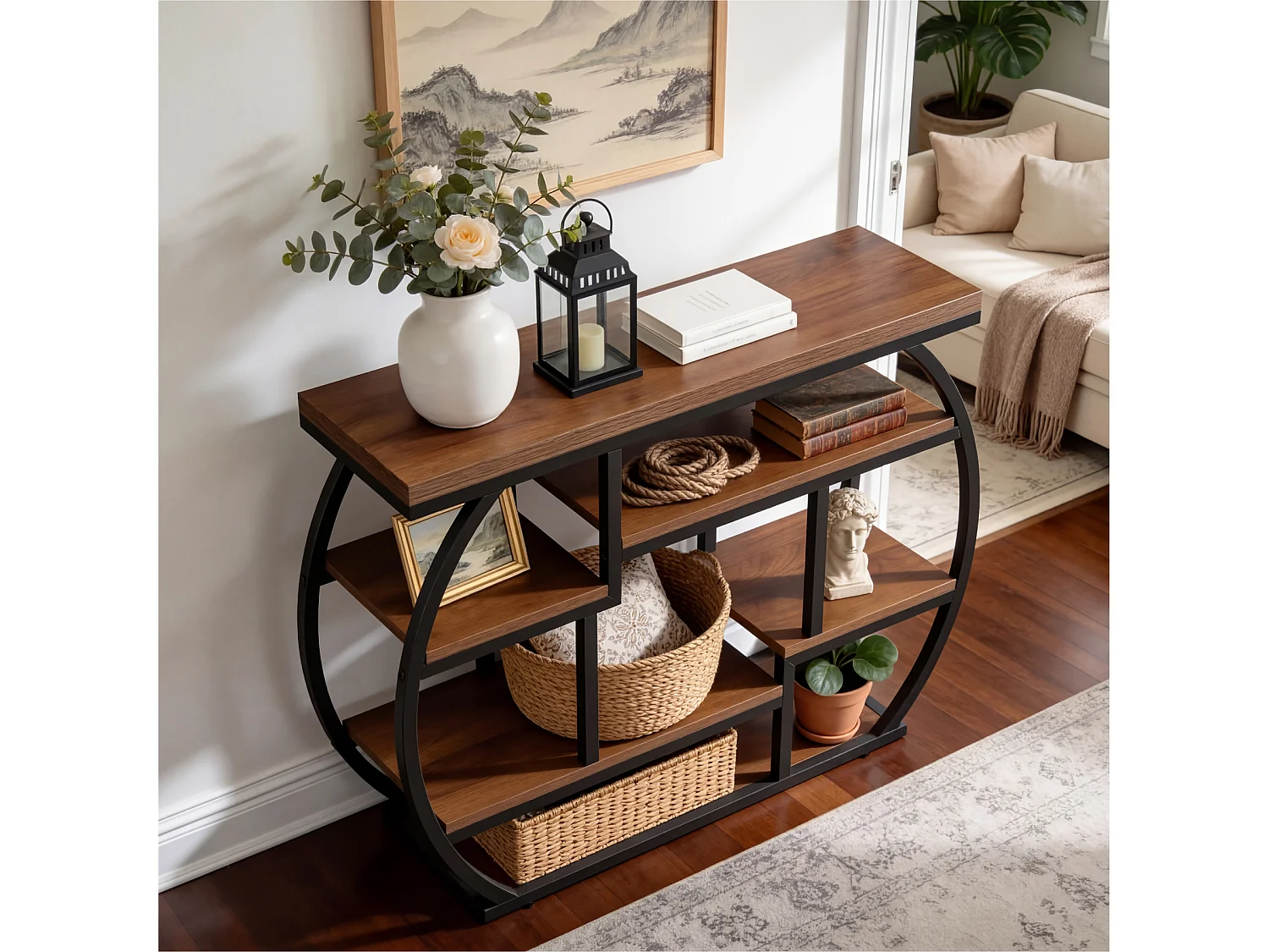 Console de 100 cm, table d'entrée de style industriel avec étagères de rangement, petite table d'appoint étroite avec structure en métal