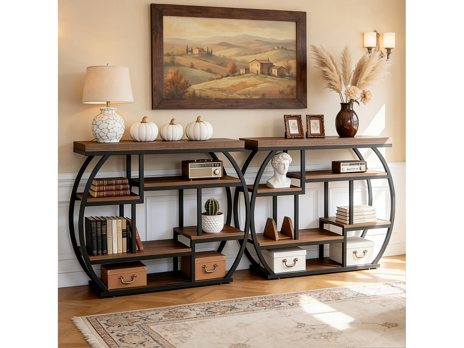 Console de 100 cm, table d'entrée de style industriel avec étagères de rangement, petite table d'appoint étroite avec structure en métal