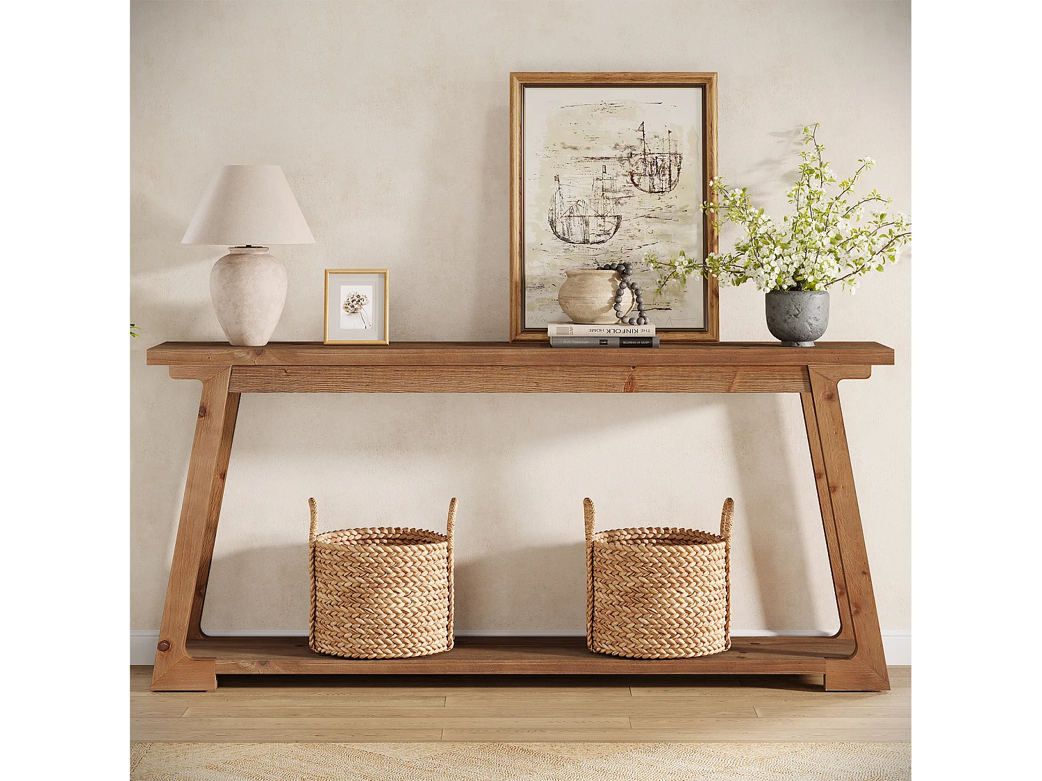 160 cm langer Konsole, 2-stufiger Massivholzmöbel-Sofa-Tisch mit Stauraum, schmaler Akzentmöbel hinter der Couch für Wohnzimmer, Flur