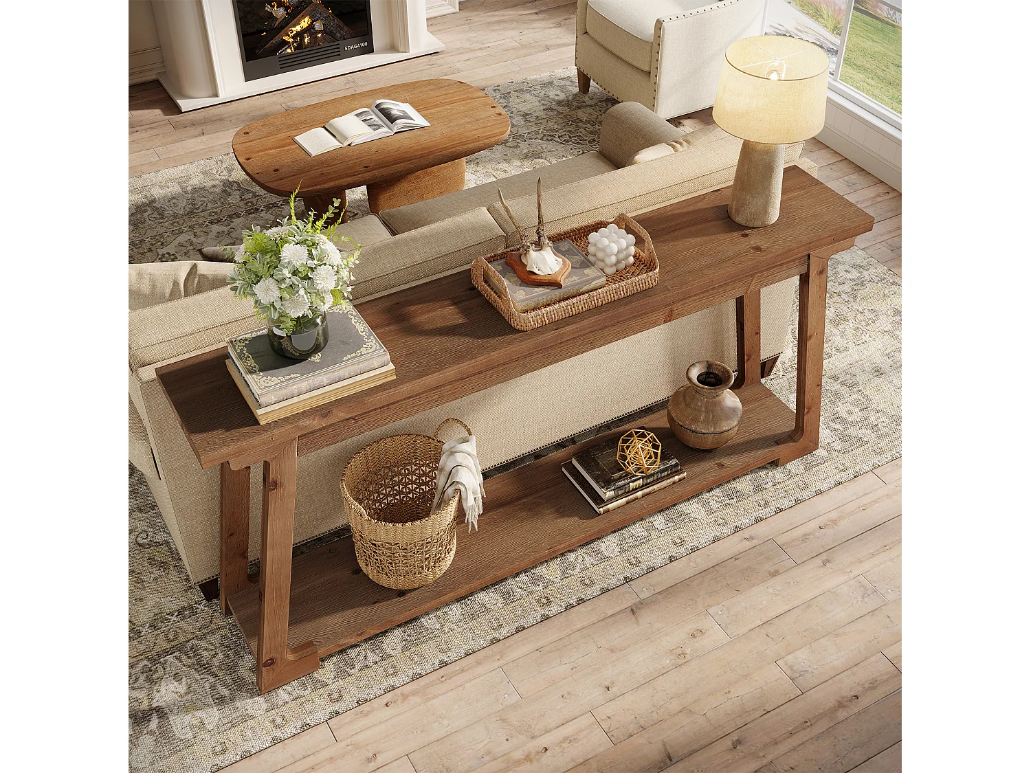 160 cm langer Konsole, 2-stufiger Massivholzmöbel-Sofa-Tisch mit Stauraum, schmaler Akzentmöbel hinter der Couch für Wohnzimmer, Flur