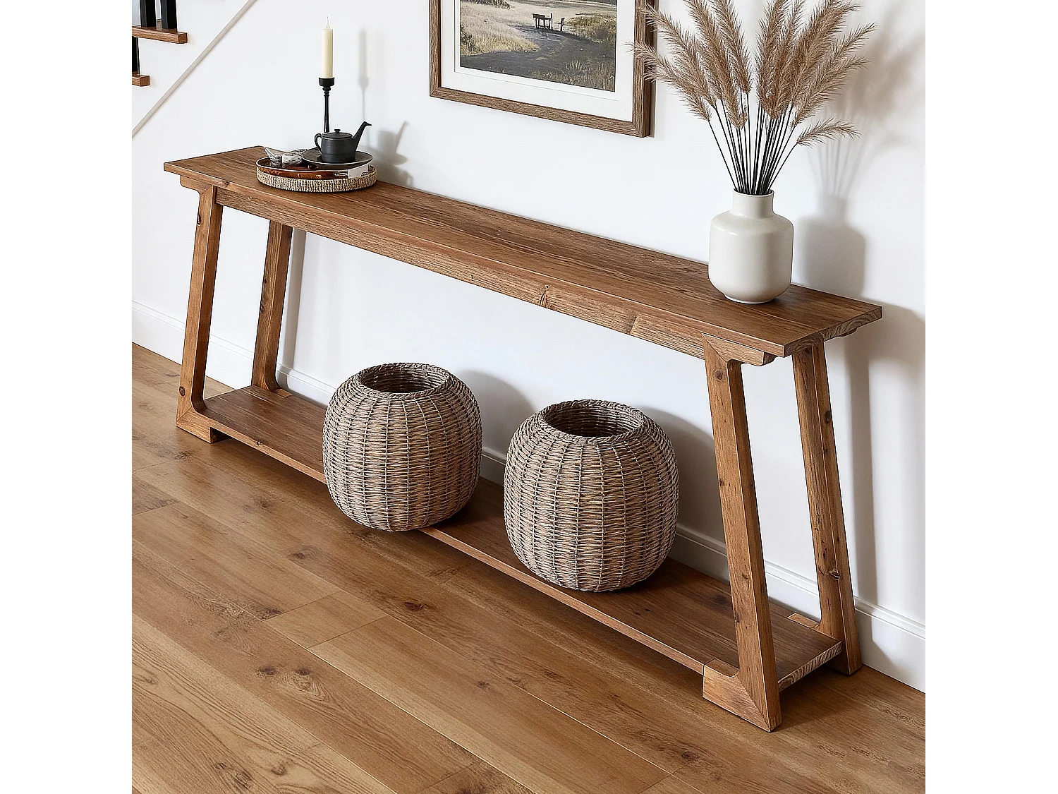 160 cm langer Konsole, 2-stufiger Massivholzmöbel-Sofa-Tisch mit Stauraum, schmaler Akzentmöbel hinter der Couch für Wohnzimmer, Flur