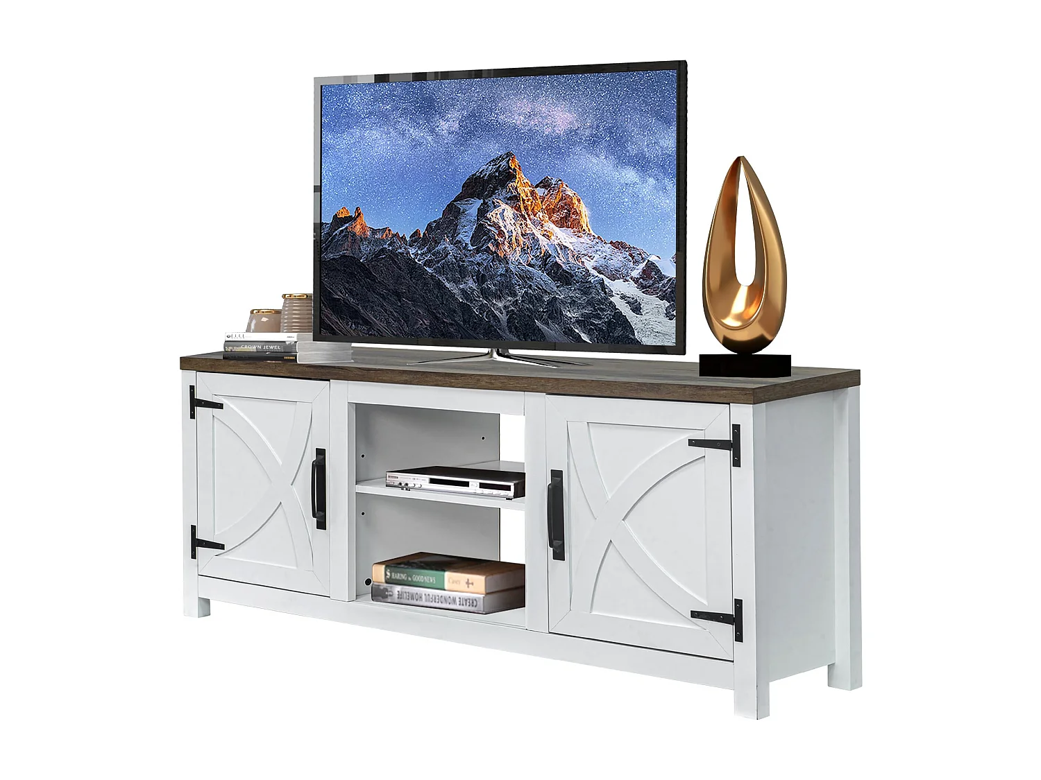 Parrot Uncle TV-Schrank für Fernseher bis 65 Zoll, MDF, Weiß , mit 2 offenen Fächern und 2 Tür, 147 x 41 x 62 cm, 54 kg Tragkraft