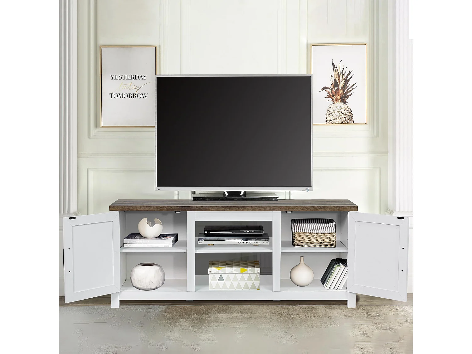 Parrot Uncle TV-Schrank für Fernseher bis 65 Zoll, MDF, Weiß , mit 2 offenen Fächern und 2 Tür, 147 x 41 x 62 cm, 54 kg Tragkraft