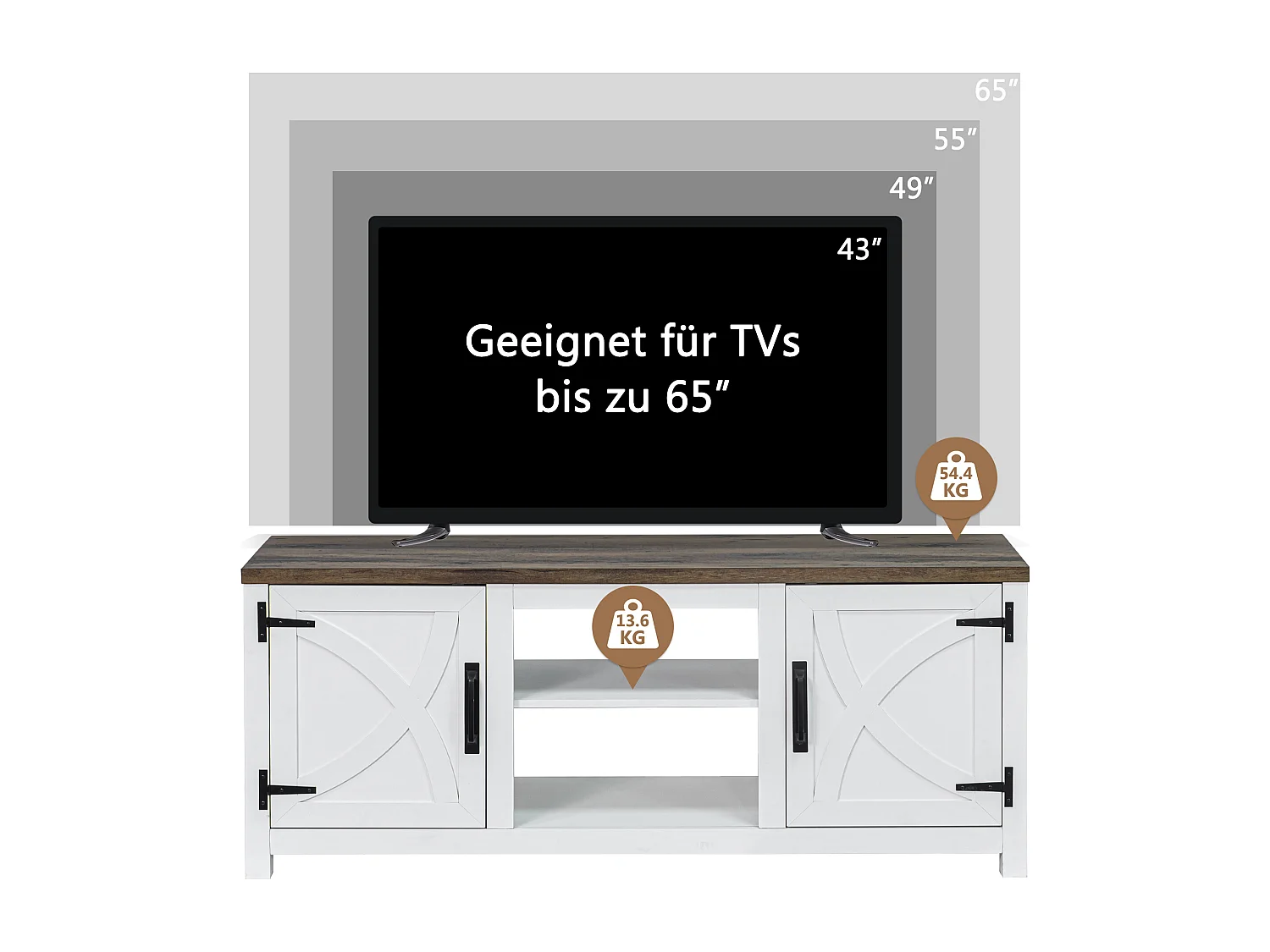 Parrot Uncle TV-Schrank für Fernseher bis 65 Zoll, MDF, Weiß , mit 2 offenen Fächern und 2 Tür, 147 x 41 x 62 cm, 54 kg Tragkraft