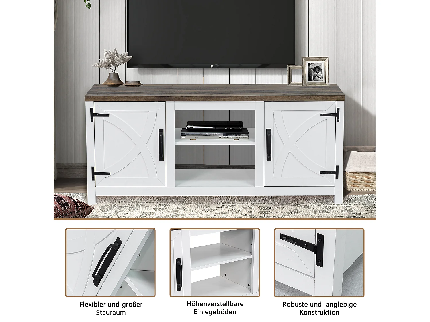 Parrot Uncle TV-Schrank für Fernseher bis 65 Zoll, MDF, Weiß , mit 2 offenen Fächern und 2 Tür, 147 x 41 x 62 cm, 54 kg Tragkraft