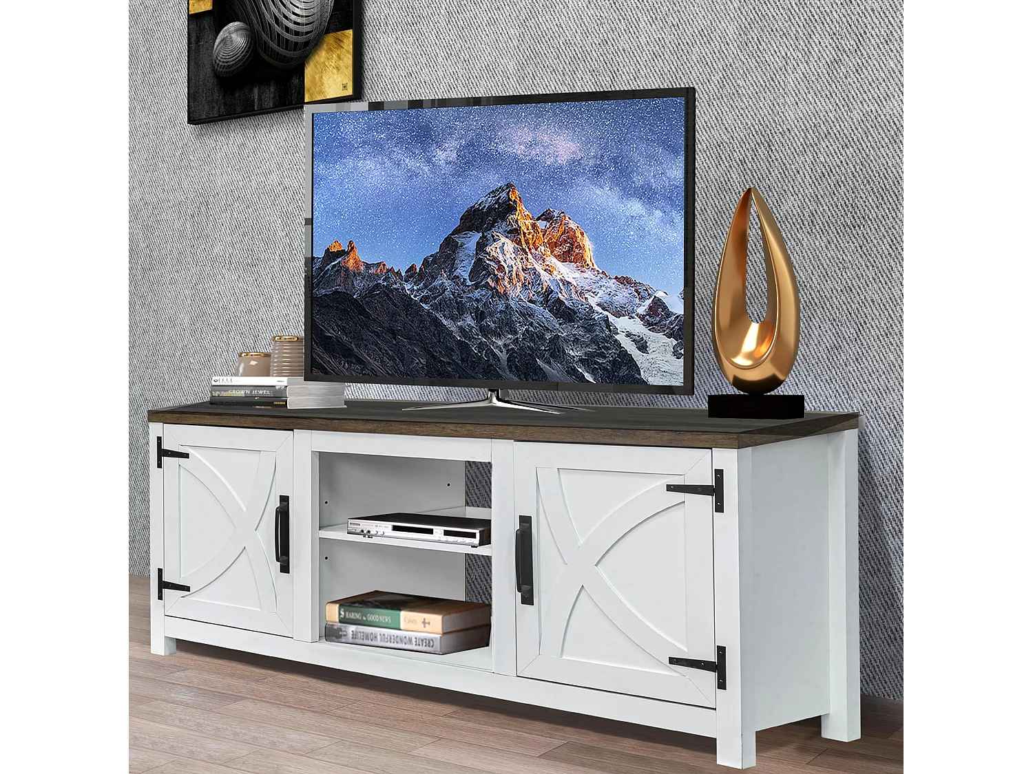 Parrot Uncle TV-Schrank für Fernseher bis 65 Zoll, MDF, Weiß , mit 2 offenen Fächern und 2 Tür, 147 x 41 x 62 cm, 54 kg Tragkraft