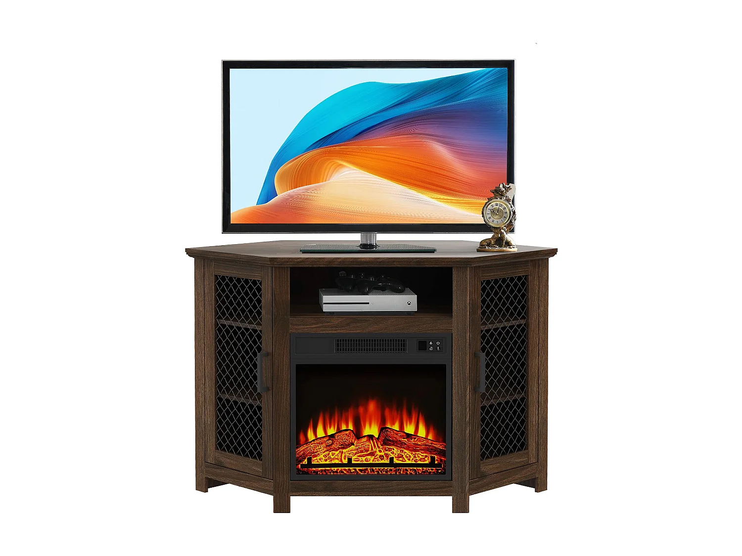 Parrot Uncle TV-Schrank für Fernseher bis 55 Zoll, MDF, Braun, mit 18" Elektrokamin, eignet sich für Eckaufstellung, 114x 56x 76 cm, 45 kg Tragkraft