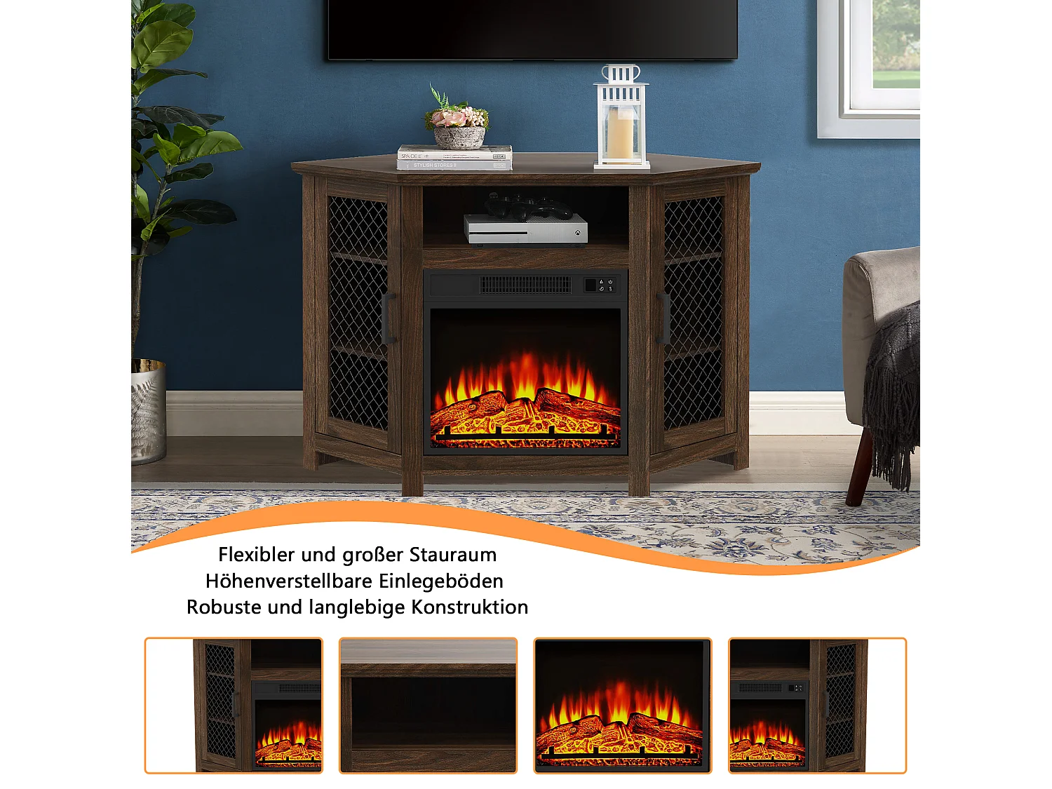Parrot Uncle TV-Schrank für Fernseher bis 55 Zoll, MDF, Braun, mit 18" Elektrokamin, eignet sich für Eckaufstellung, 114x 56x 76 cm, 45 kg Tragkraft