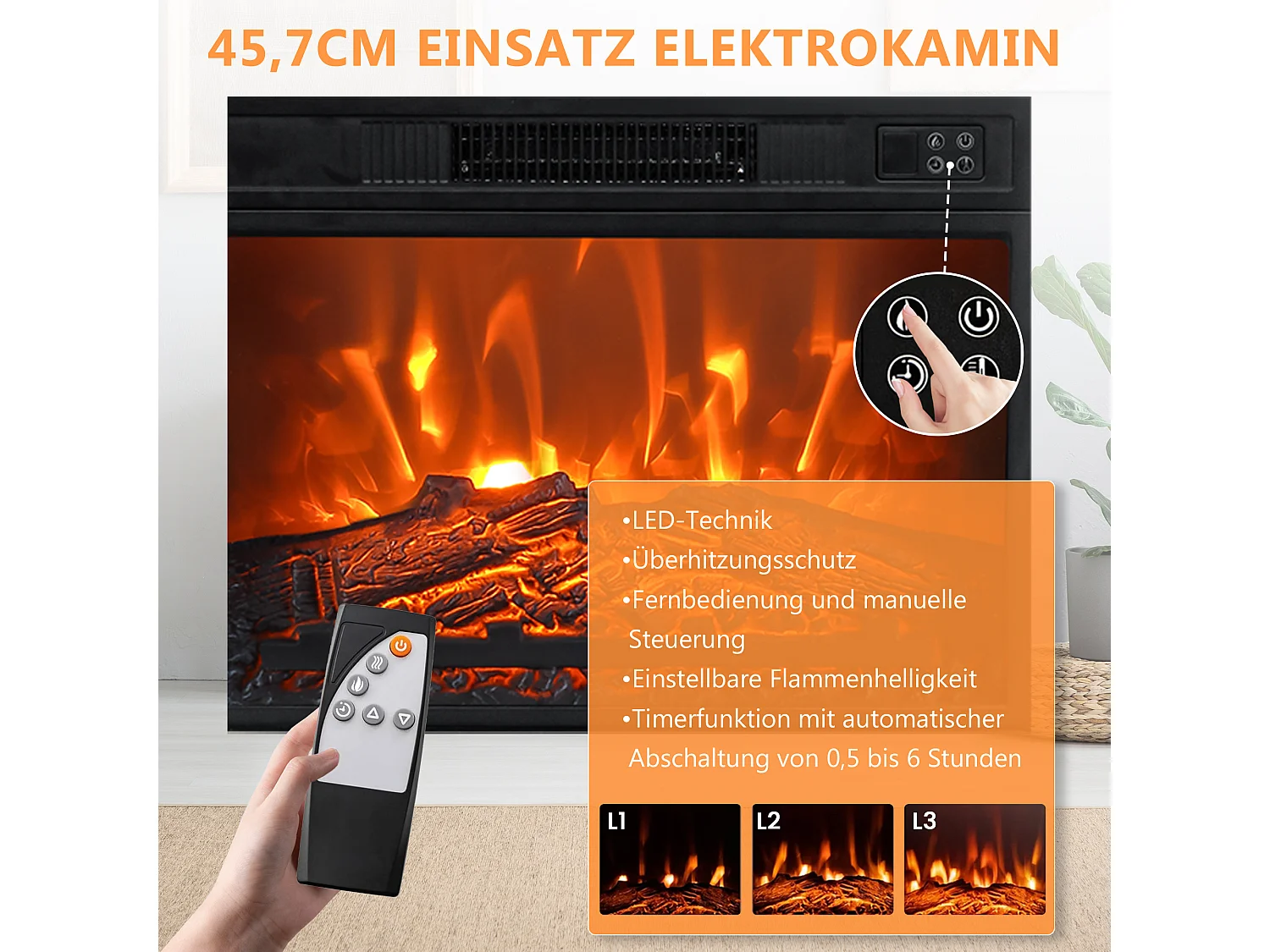 Parrot Uncle TV-Schrank für Fernseher bis 55 Zoll, MDF, Braun, mit 18" Elektrokamin, eignet sich für Eckaufstellung, 114x 56x 76 cm, 45 kg Tragkraft