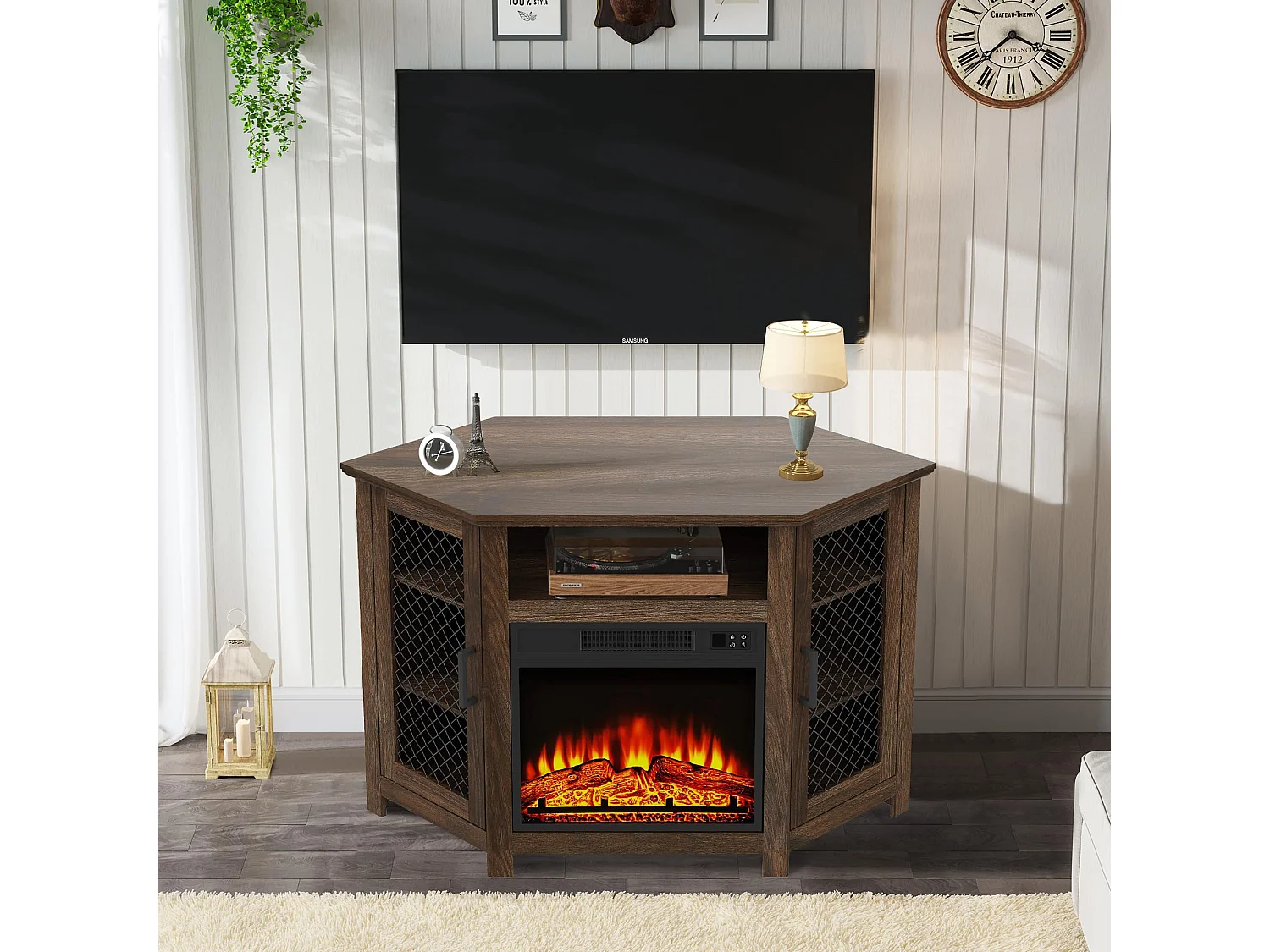 Parrot Uncle TV-Schrank für Fernseher bis 55 Zoll, MDF, Braun, mit 18" Elektrokamin, eignet sich für Eckaufstellung, 114x 56x 76 cm, 45 kg Tragkraft