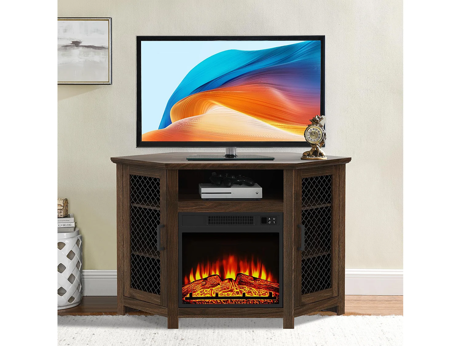 Parrot Uncle TV-Schrank für Fernseher bis 55 Zoll, MDF, Braun, mit 18" Elektrokamin, eignet sich für Eckaufstellung, 114x 56x 76 cm, 45 kg Tragkraft