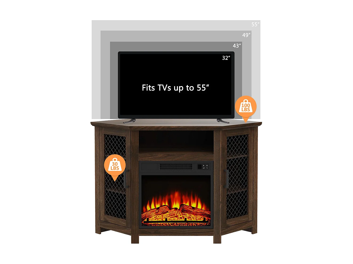 Parrot Uncle TV-Schrank für Fernseher bis 55 Zoll, MDF, Braun, mit 18" Elektrokamin, eignet sich für Eckaufstellung, 114x 56x 76 cm, 45 kg Tragkraft
