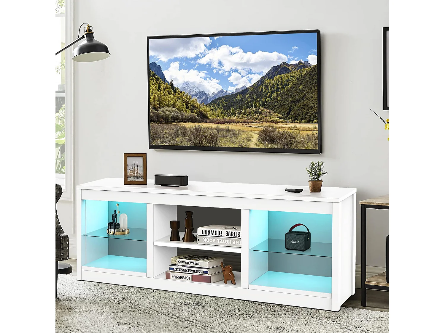Parrot Uncle TV-Schrank für Fernseher bis 75 Zoll, MDF, Weiß , mit 6 offenen Fächern und Farbwechselnde LED-Leiste, 168 x 42 x 56 cm, 54 kg Tragkraft