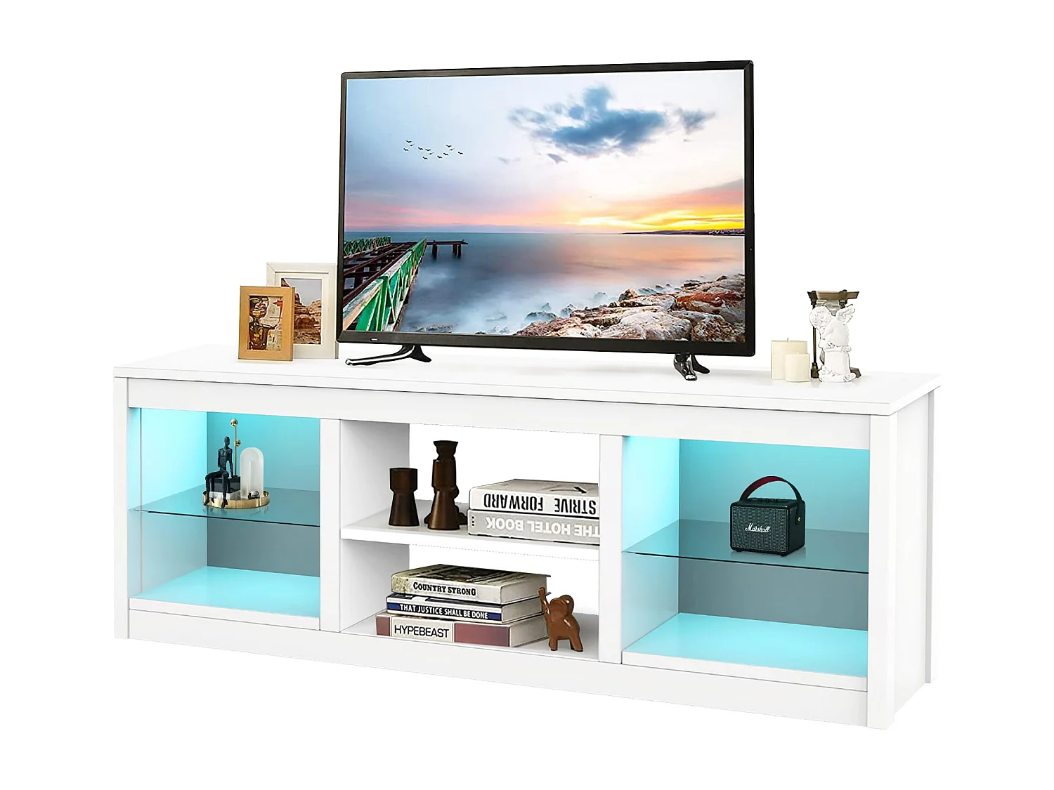 Parrot Uncle TV-Schrank für Fernseher bis 75 Zoll, MDF, Weiß , mit 6 offenen Fächern und Farbwechselnde LED-Leiste, 168 x 42 x 56 cm, 54 kg Tragkraft