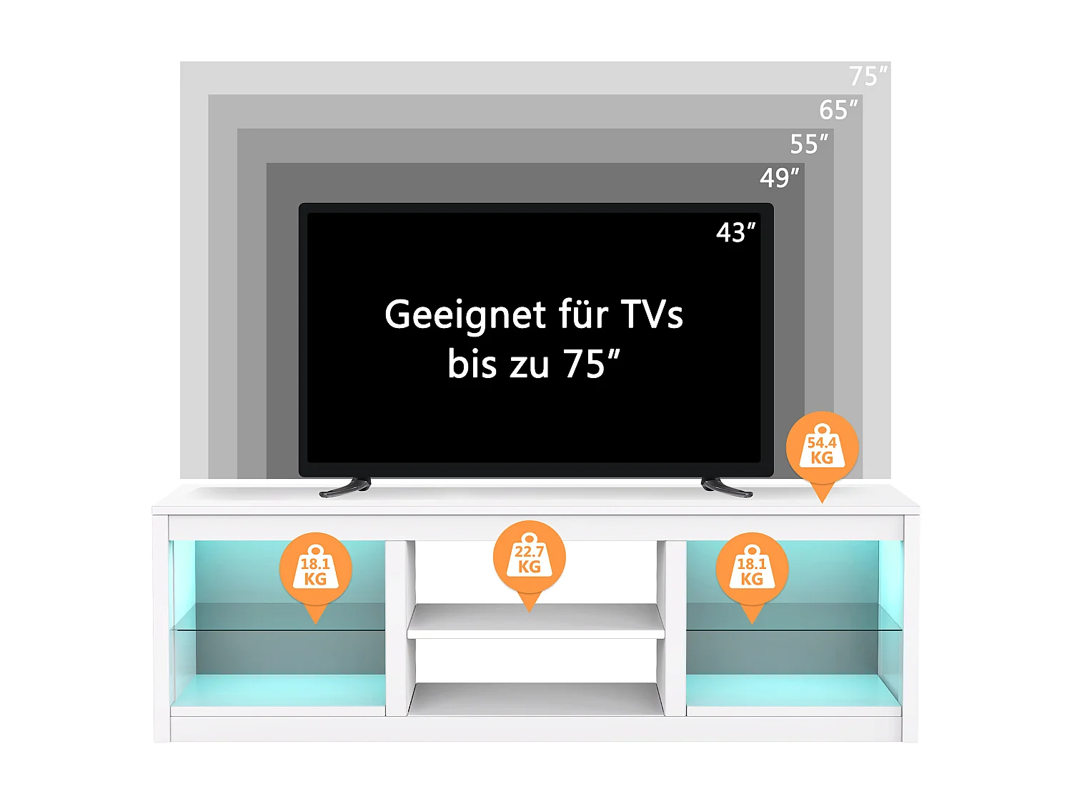Parrot Uncle TV-Schrank für Fernseher bis 75 Zoll, MDF, Weiß , mit 6 offenen Fächern und Farbwechselnde LED-Leiste, 168 x 42 x 56 cm, 54 kg Tragkraft