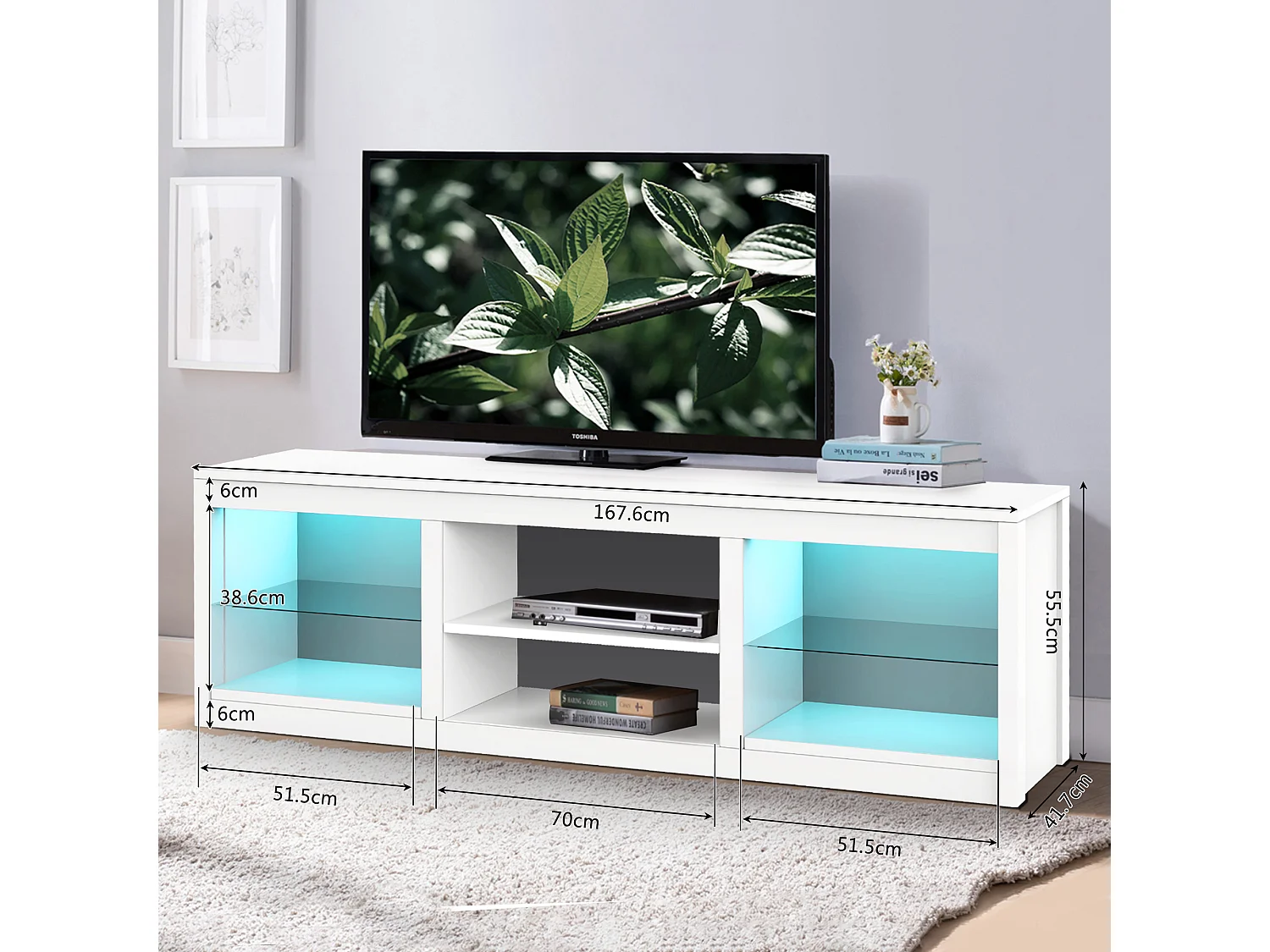 Parrot Uncle TV-Schrank für Fernseher bis 75 Zoll, MDF, Weiß , mit 6 offenen Fächern und Farbwechselnde LED-Leiste, 168 x 42 x 56 cm, 54 kg Tragkraft