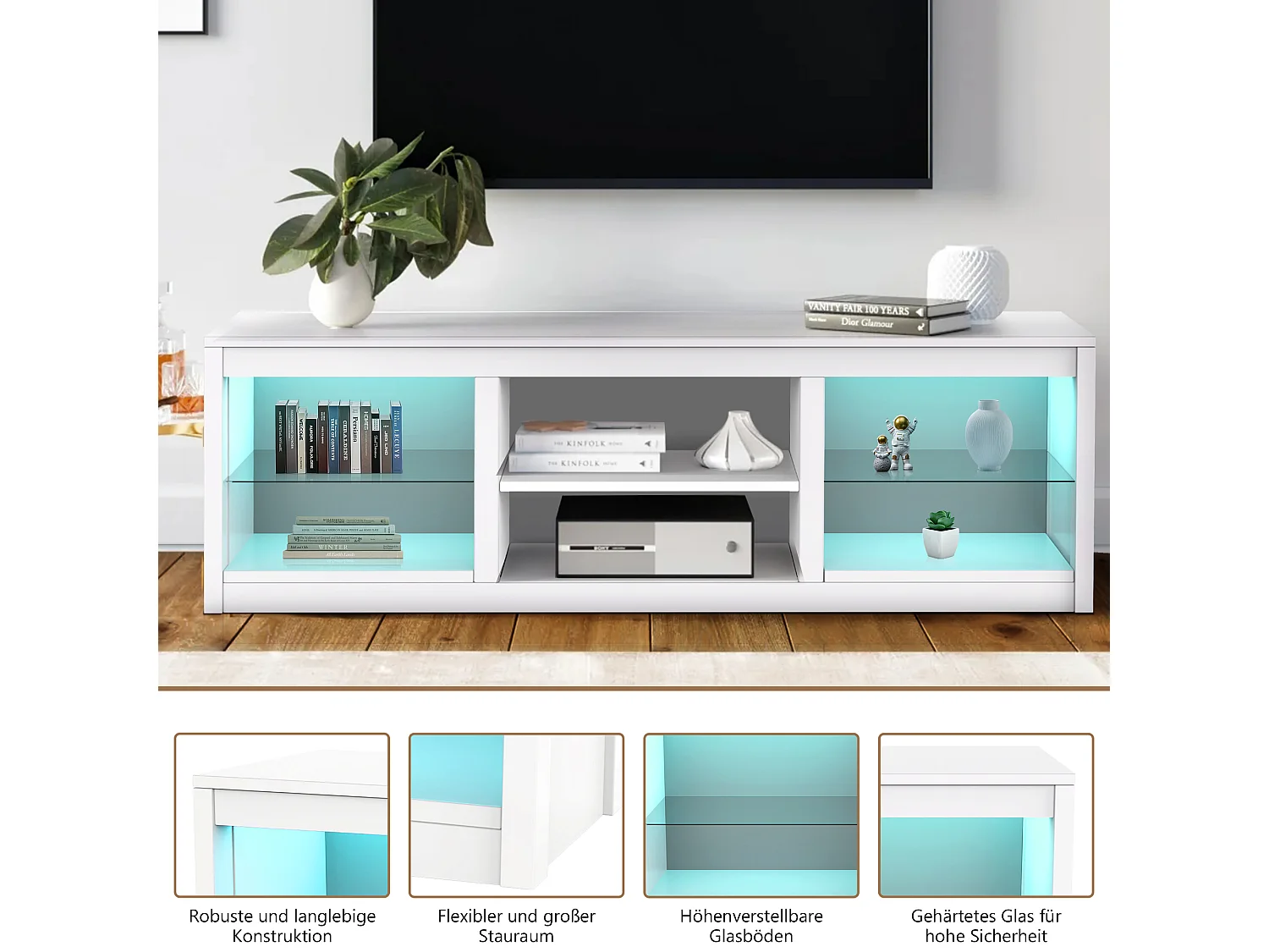 Parrot Uncle TV-Schrank für Fernseher bis 75 Zoll, MDF, Weiß , mit 6 offenen Fächern und Farbwechselnde LED-Leiste, 168 x 42 x 56 cm, 54 kg Tragkraft