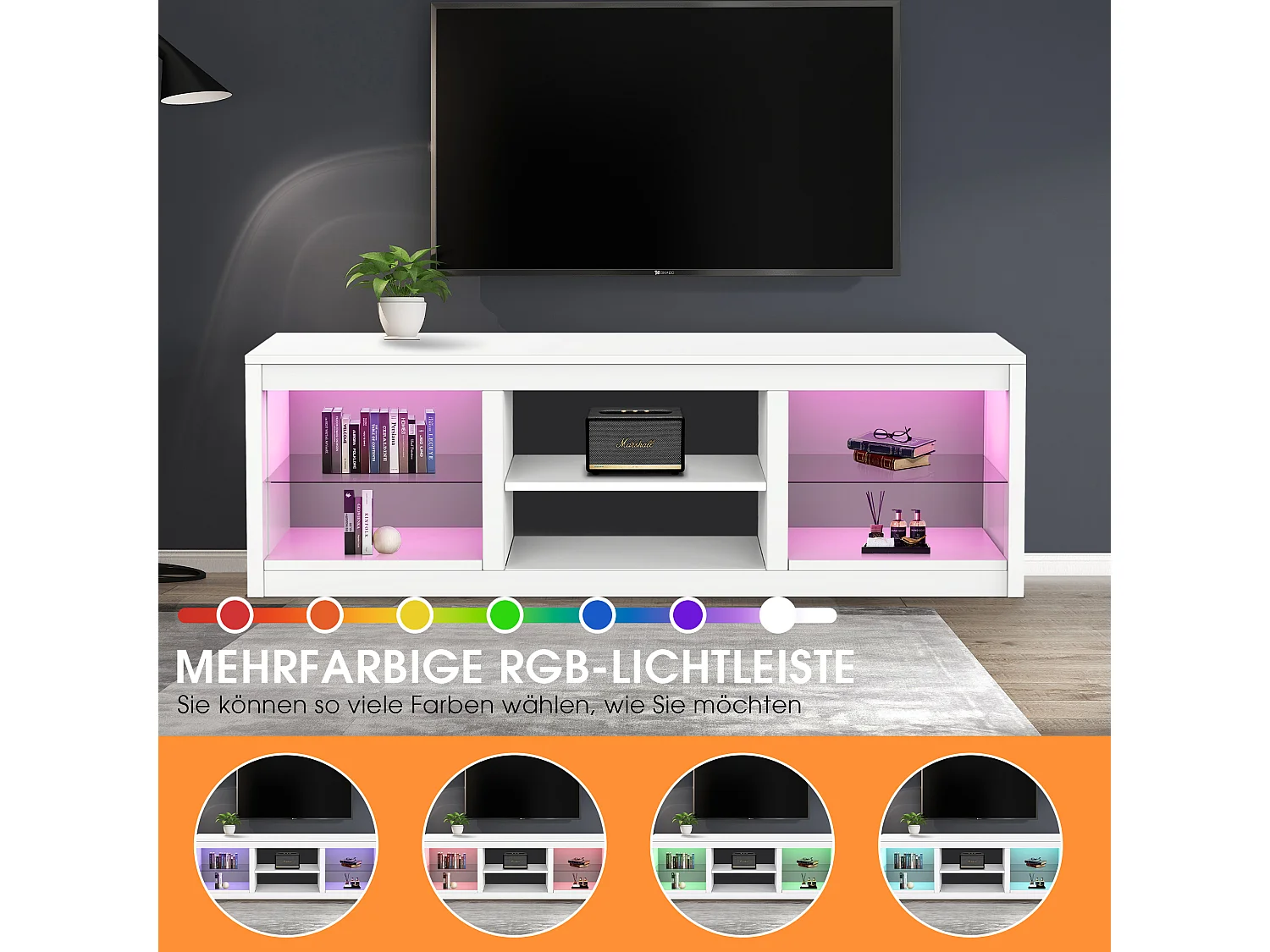 Parrot Uncle TV-Schrank für Fernseher bis 75 Zoll, MDF, Weiß , mit 6 offenen Fächern und Farbwechselnde LED-Leiste, 168 x 42 x 56 cm, 54 kg Tragkraft