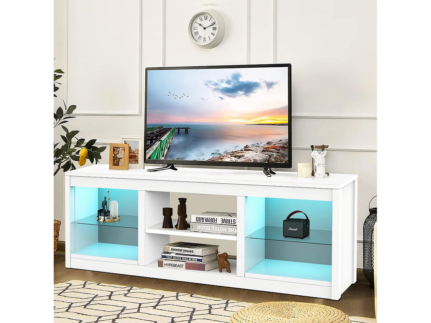 Parrot Uncle TV-Schrank für Fernseher bis 75 Zoll, MDF, Weiß , mit 6 offenen Fächern und Farbwechselnde LED-Leiste, 168 x 42 x 56 cm, 54 kg Tragkraft