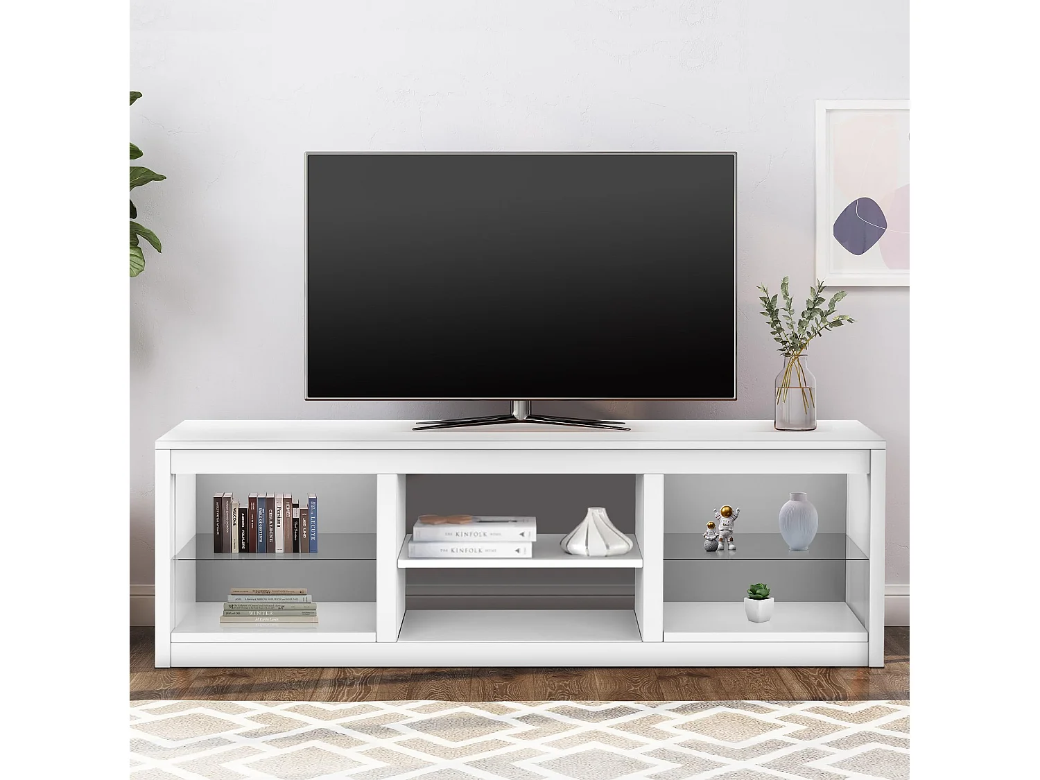 Parrot Uncle TV-Schrank für Fernseher bis 75 Zoll, MDF, Weiß , mit 6 offenen Fächern und Farbwechselnde LED-Leiste, 168 x 42 x 56 cm, 54 kg Tragkraft