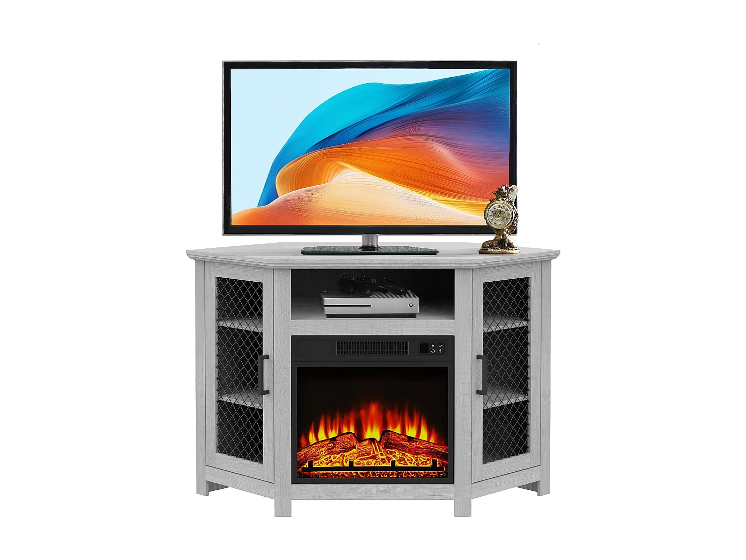 Parrot Uncle TV-Schrank für Fernseher bis 55 Zoll, MDF, Grau , mit 18" Elektrokamin, eignet sich für Eckaufstellung, 114x 56x 76 cm, 45 kg Tragkraft